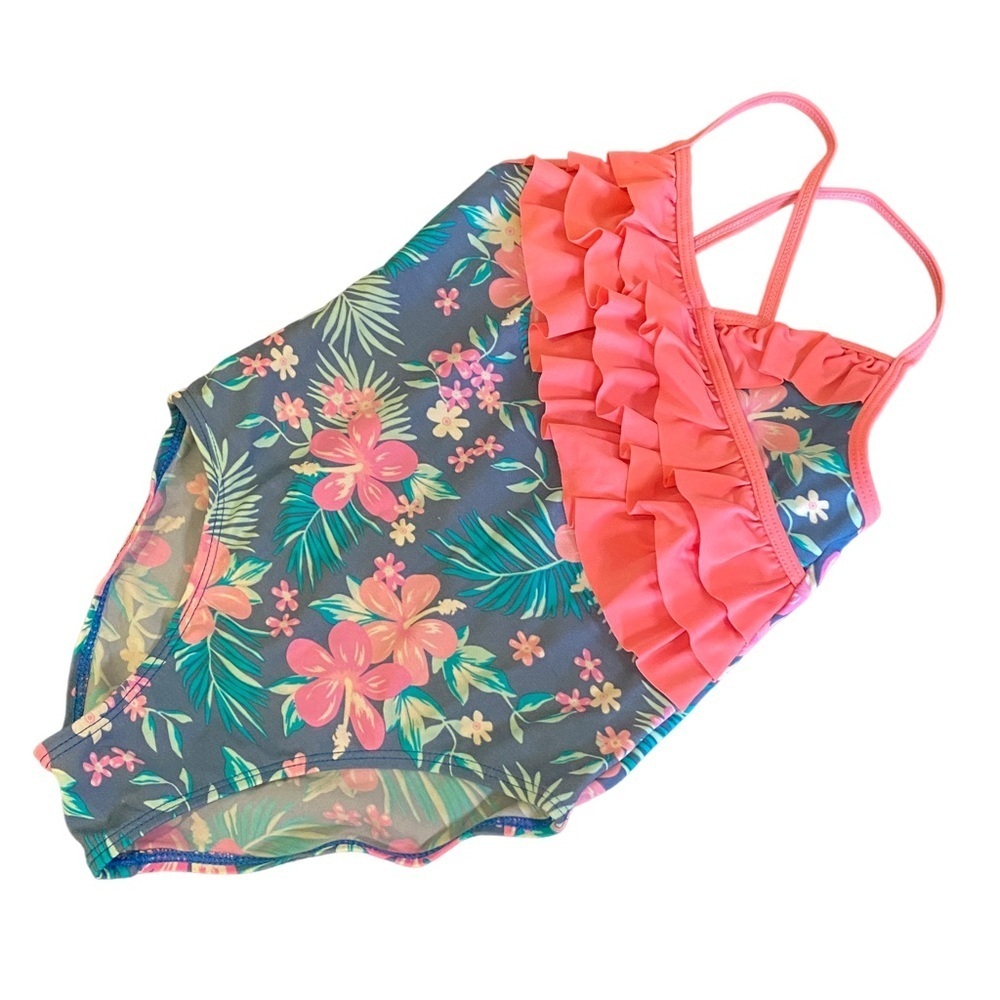 Howjojo girls swimsuit Hawaiian pink teal ruffle top one piece 5/6 hibiscus